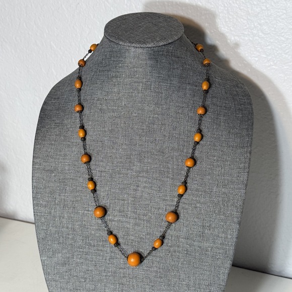 Vintage Beaded Necklace Brass Chain Wood Ball Beads 27in Retro Boho Jewelry - Picture 1 of 7
